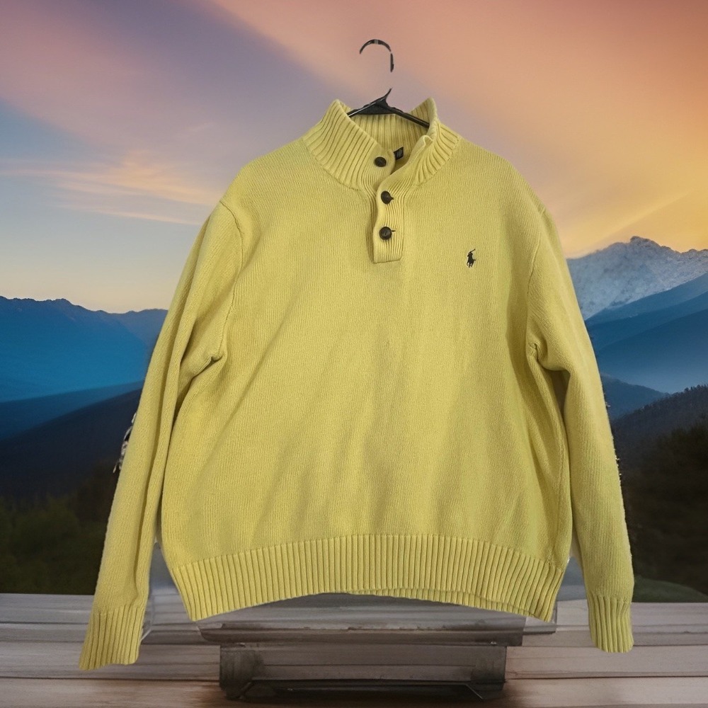 Polo Ralph Lauren Sweater Mens XL Yellow Mock Neck Henley Cotton Knit Pony